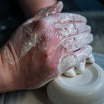 Richard Heeley at work in his pottery in Shropshire Feb 2018
